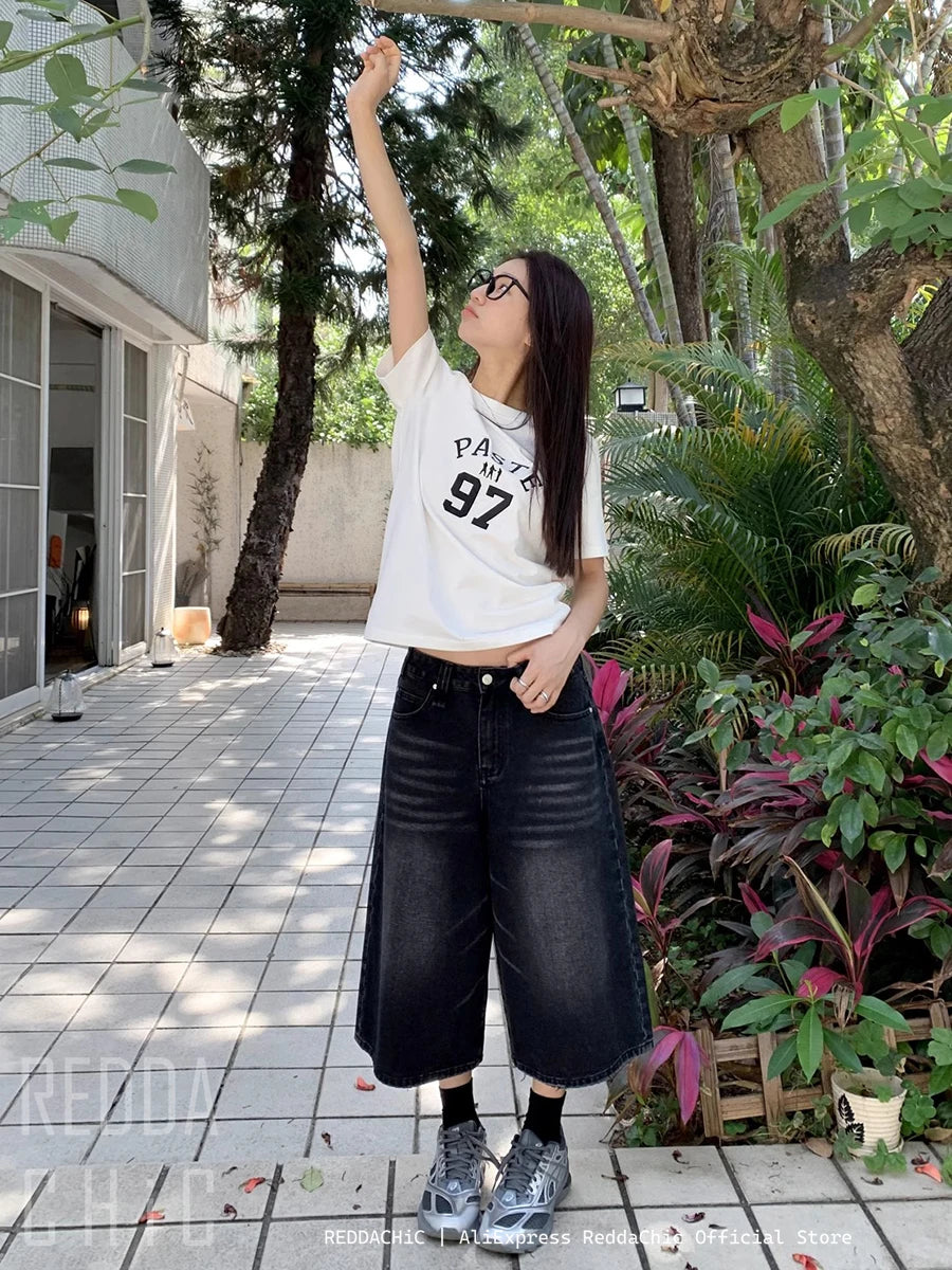 REDDACHiC Retro Y2k Baggy Jorts Women Men Whiskers Black Jeans Low Waist Casual Wide Pants Frayed Denim Shorts Big Size Clothes - Lootquake