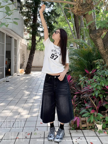 REDDACHiC Retro Y2k Baggy Jorts Women Men Whiskers Black Jeans Low Waist Casual Wide Pants Frayed Denim Shorts Big Size Clothes - Lootquake