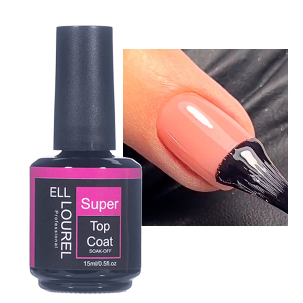 ELL LOUREL 30 Types Base Coat Top Coat No Wipe UV Gel 15ML Semi Permanent Glitter Tempered Top Multi-Function Gel Nail Polish