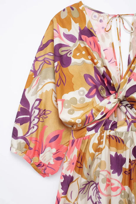 TRAFZA Vintage Flower Print Long Dress Women V Neck Short Sleeve Hollow Out Sexy Beach Dress Fashion 2024 Summer Holiday Dress - Lootquake