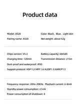 Auriculares inalámbricos Bluetooth A520 con sonido HD, estéreo, universales, con luz táctil, mini tapones para los oídos de alta calidad y antisudor.