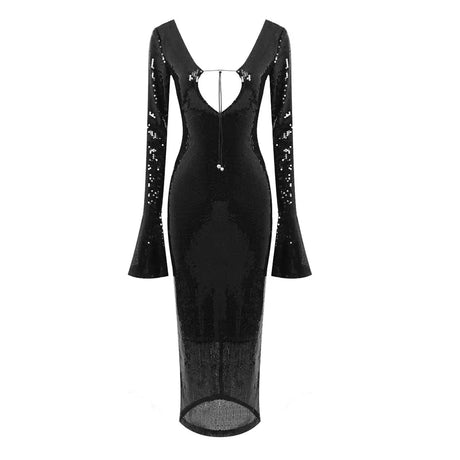 BEVENCCEL Sexy Luxury Sequins Deep V Long Sleeve Backless Sequins Long Dress Elegant  Bodycon Maxi Evening Party Clubwear Dress - Lootquake