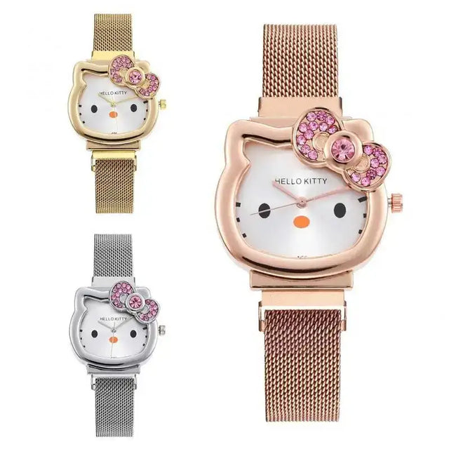 Hello Kitty Diamond  Watch Cat Bow Kawaii Pink Ladies Gold Sliver Metal Jewelry Cartoon Magnetic Watch Girlfriend Birthday - Lootquake