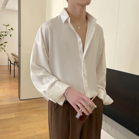 White Long Sleeved Shirt Men Oversized Fashion Social Mens Dress Shirt Korean Loose Ice Silk Shirt Mens Office Formal Shirts - Lootquake
