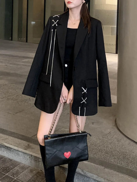 KOSAHIKI Harajuku Women Jackets Black Gothic Punk Hip Hop Solid Vintage Blazer Coats  Chic Chain Loose Jacket Streetwear - Lootquake