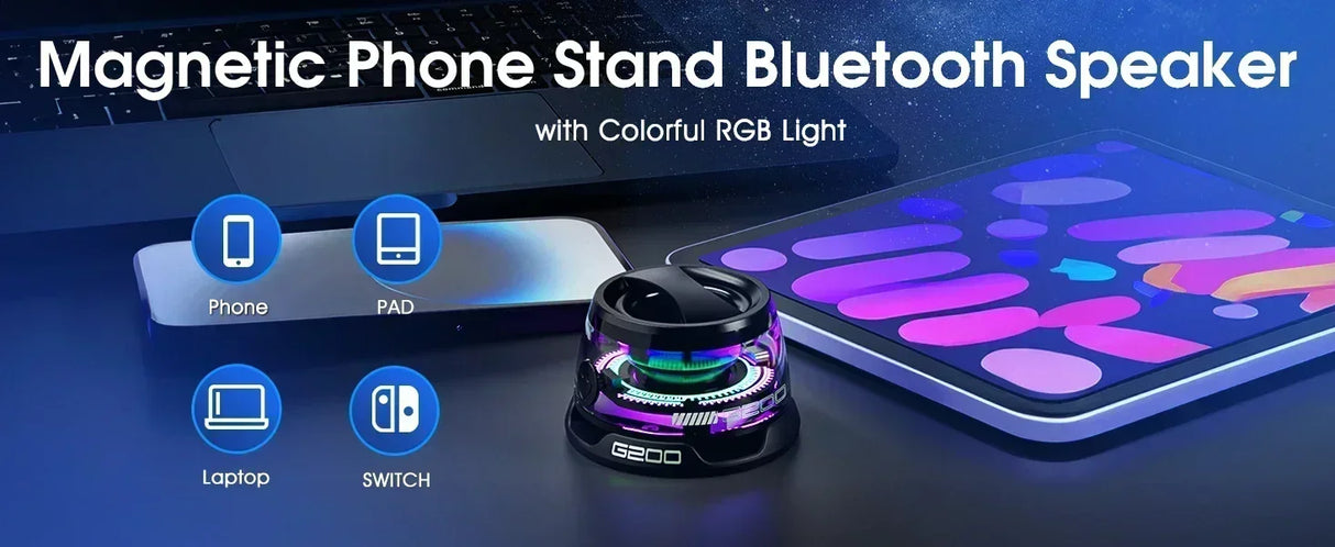 Altavoz Bluetooth inalámbrico con luces RGB, sonido estéreo y soporte para teléfono: minialtavoz portátil de viaje para iPhone y Android.