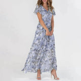 Vestidos Verano Moda 2024 Women's Swing Long Dress Chiffon Floral Short Sleeve Ruffle V Neck Fashion Waist Flowy Dress платье - Lootquake