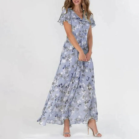 Vestidos Verano Moda 2024 Women's Swing Long Dress Chiffon Floral Short Sleeve Ruffle V Neck Fashion Waist Flowy Dress платье - Lootquake