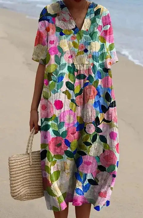 Casual Short Sleeved V-neck Big Swing Dress 2024 New Women's Loose Printed Long Dress Female Retro Flower Print Pullover Dresses - Lootquake