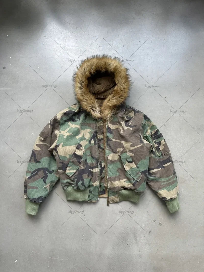 New Trendy Brand Retro Camouflage Fur Collar Zipper Hoodie Street Punk Personality Jacket Hip-hop Casual Oversized Sweatshirt - Lootquake