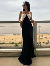 Fashion Black White Patchwork Long Dress Women Sexy Hollow Waist Slim Fits Party Robes Causal Vocation High Street Vestidos - Lootquake