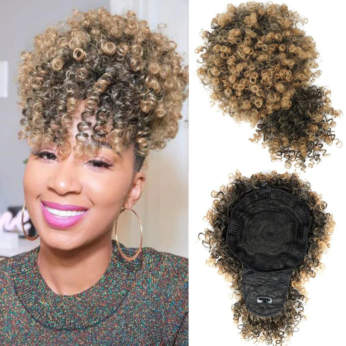 Afro Puff Kinky Curly Drawstring Ponytail Extension with Bangs | Synthetic Updo Hairpiece for Black Women | 12 Inch