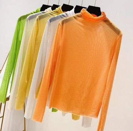 Neon Shirt for Women Long Sleeve Stand Collar Sheer Top Yellow Gold Mesh Blouse Sexy Party Club Streetwear Hip Hop Tee Tops - Lootquake