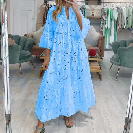 Fitshinling Cotton Long Dress Women Costume Flare Sleeve Slim A-Line Robe Fashion Hollow Out Lace Maxi Dresses Dance Wear - Lootquake