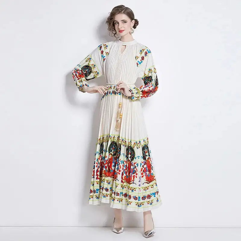 Spring Holiday Print Long Dress For Women Fashion Loose Lantern Sleeve Party Robe Female Big Swing Tassels Belt Pleated Clothes