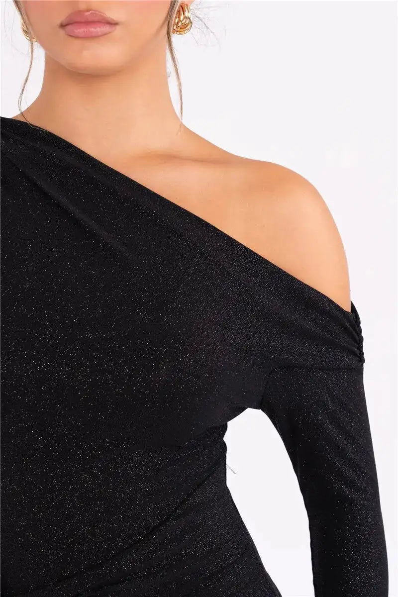 Vestido largo sexy de manga larga con brillos de Mozision para mujer, con hombros descubiertos, espalda descubierta, fruncido, para fiesta en club