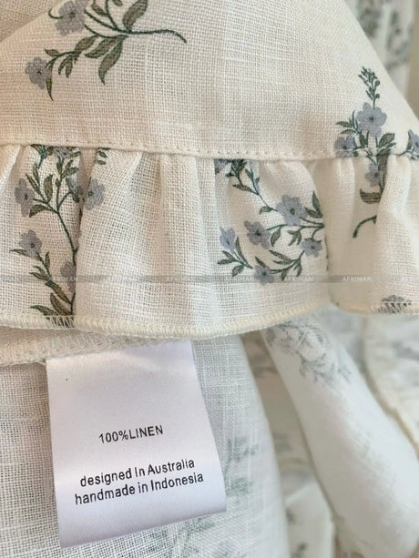2025 New 100% Linen Flower Print Long Sleeve Tie Up Waist Loose Long Dress - Lootquake