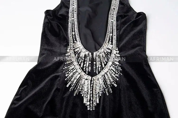 Women Heavy Rhinestone Bead Sexy Backless High Neck Waist Bag Hip Slimming Velvet Long Dress - Lootquake
