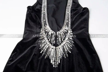 Women Heavy Rhinestone Bead Sexy Backless High Neck Waist Bag Hip Slimming Velvet Long Dress - Lootquake