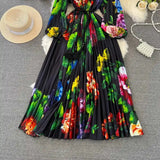 Spring Holiday Print Long Dress For Women Fashion Loose Lantern Sleeve Party Robe Female Big Swing Tassels Belt Pleated Clothes - Lootquake
