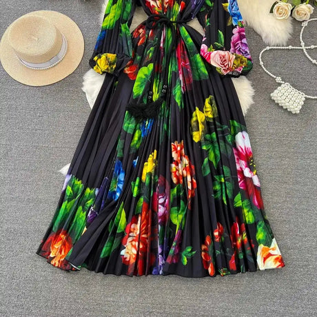 Spring Holiday Print Long Dress For Women Fashion Loose Lantern Sleeve Party Robe Female Big Swing Tassels Belt Pleated Clothes - Lootquake