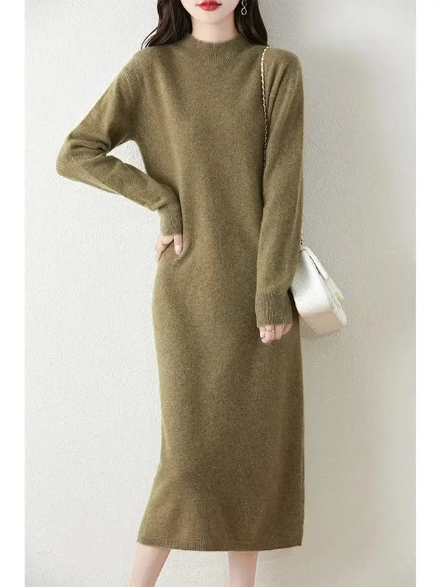Autumn Winter Women's Wool Long Dress Cashmere Mock Neck Pullover Sweater 100% Merino Wool Soft Knitwear OL Simple Basic Dress - Lootquake