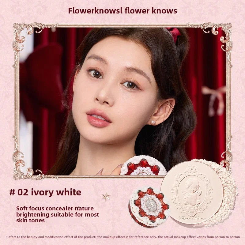 Flower Knows Strawberry Cupid Collection Pressed Powder Mineral Makeup Powder Foundation With Concealer & Finishing Vegan