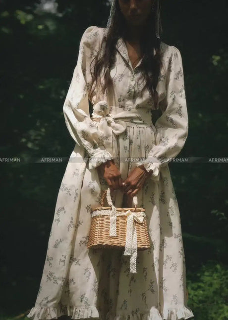 2025 New 100% Linen Flower Print Long Sleeve Tie Up Waist Loose Long Dress - Lootquake
