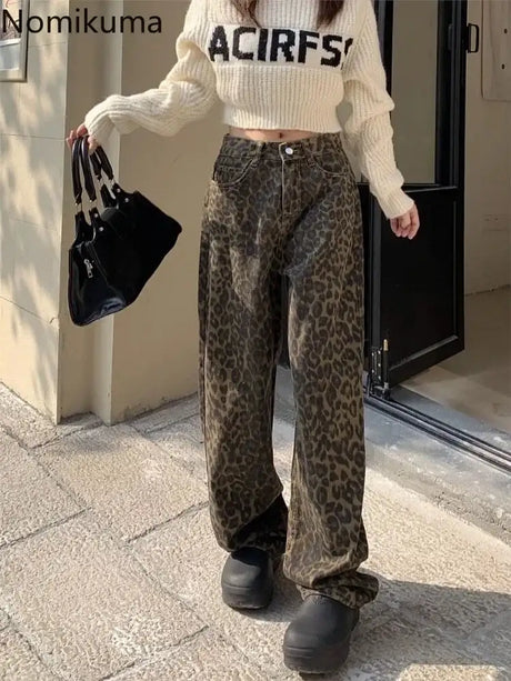 Vintage Leopard Print Pantalon Femme Wide Leg Pants Women High Waist Straight Y2k Jeans Casual Fashion Korean  Jean Trousers - Lootquake