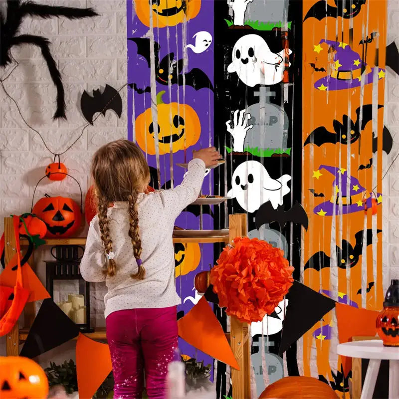 Halloween Pumpkin Ghost Bat Curtain 2M Haunted House Decoration Party Decor Background Eye-Catching For Party Backdrop Photo