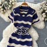 Short Sleeves Striped Long Dress Lapel Neck Hollow Out Slim Bodycon Sundress Fashion Hotsweet Knitted Beach Midi Dress - Lootquake