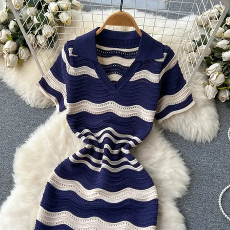 Short Sleeves Striped Long Dress Lapel Neck Hollow Out Slim Bodycon Sundress Fashion Hotsweet Knitted Beach Midi Dress - Lootquake