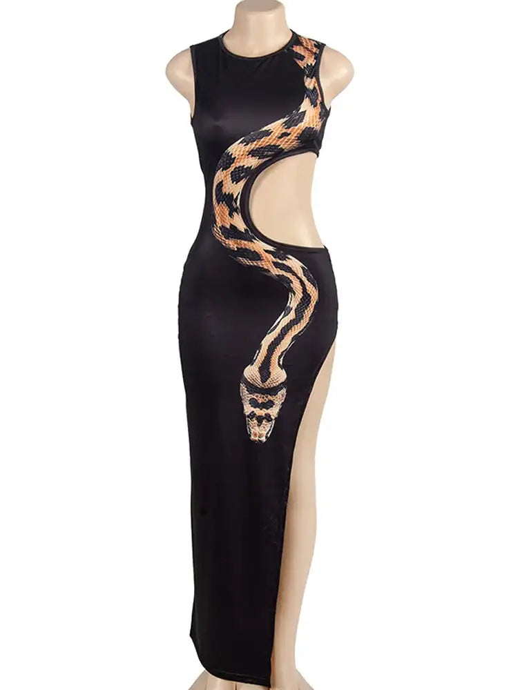 Tossy Python Printed Hollow Out Maxi Dress Female Slim Sexy Side Split Sleeveless Contrast Summer Party Dress Women's Long Dress - Lootquake