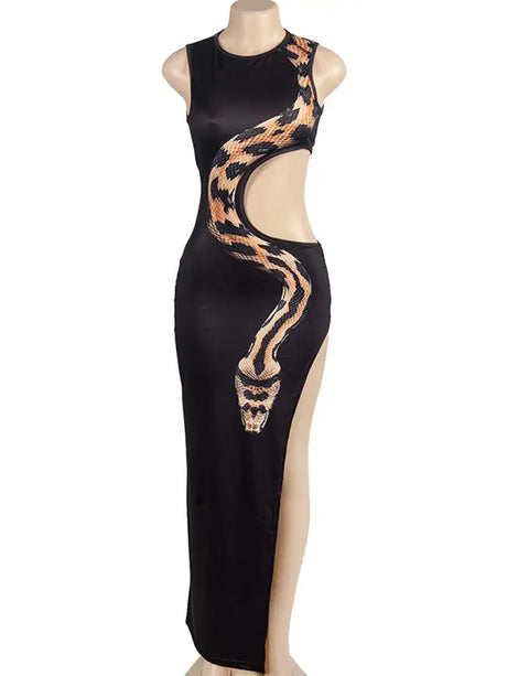 Tossy Python Printed Hollow Out Maxi Dress Female Slim Sexy Side Split Sleeveless Contrast Summer Party Dress Women's Long Dress - Lootquake