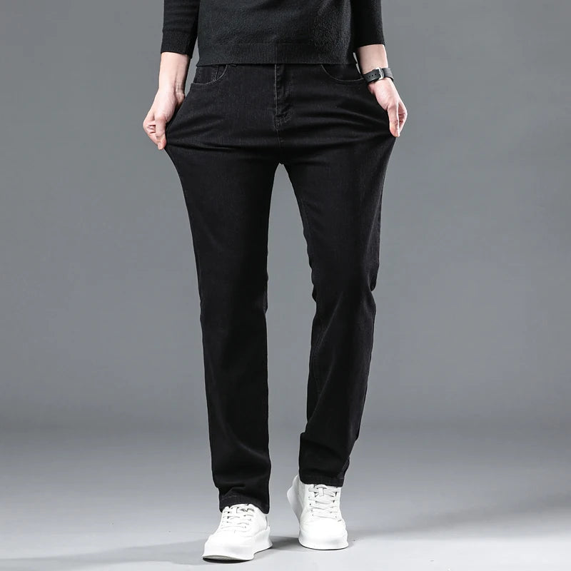 2024 New Winter Pure Black Fleece Thick Warm Jeans Men's loose Straight Elastic Denim Pants classics Casual Plush Trousers - Lootquake