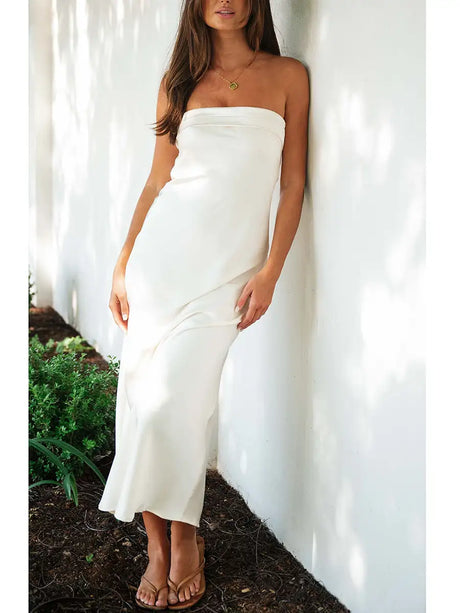 Women Summer Solid Color Party Strapless Dress Sleeveless Backless Elastic Strap Silk Surface Elegant Long Dress - Lootquake