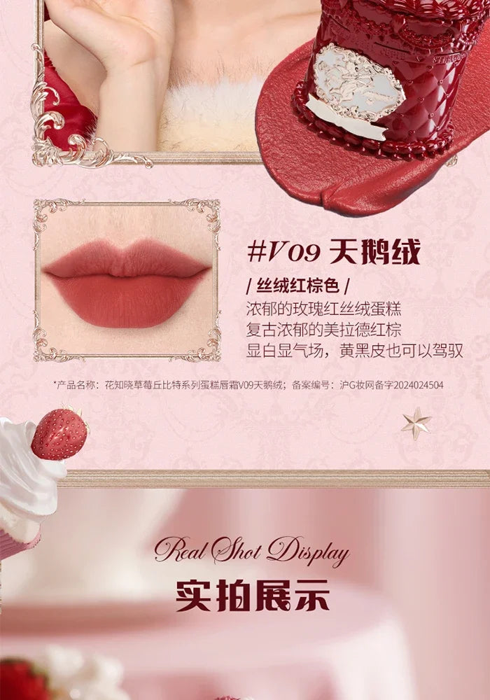Crema labial Flower Knows Strawberry Cupid Cake, barra de labios hidratante mate, maquillaje de labios suave y sedoso, cosméticos profesionales.
