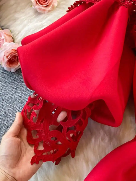 Sexy Hollow Out Lace Bodycon Long Dress Women Elegant Red/Pink/White Off Shoulder Patchwork Maxi Party Vestidos 2021 Autumn New - Lootquake