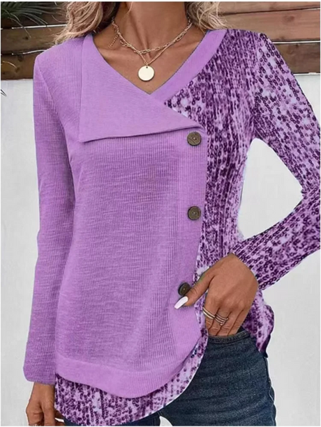 4 Color Blocked Button Long Sleeved Blouse Irregular Collar Women's Casual T-shirt Street Fashion Daily Autumn Top - Lootquake