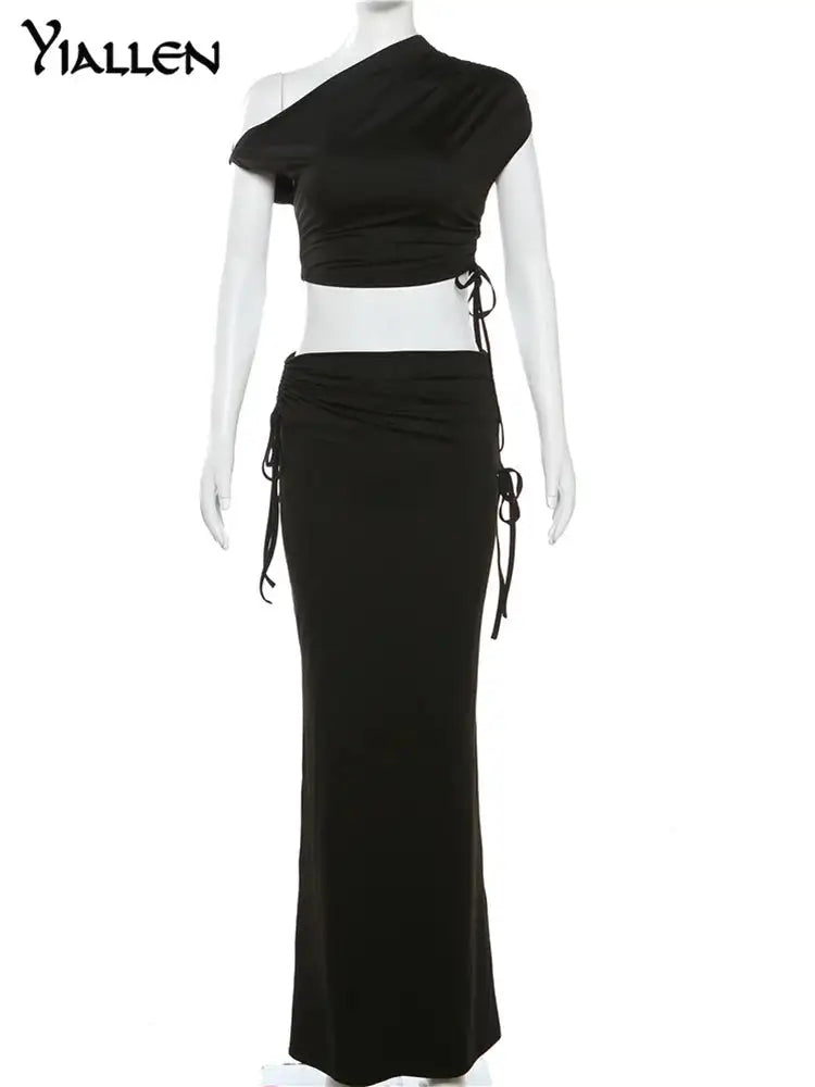 Yiallen Women Sexy 2-Piece Diagonal Collar Y2K Sleeveless Top+New Elegant High Waist Slim Skirt Autumn Winter Fashion Street Set - Lootquake