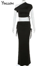 Yiallen Women Sexy 2-Piece Diagonal Collar Y2K Sleeveless Top+New Elegant High Waist Slim Skirt Autumn Winter Fashion Street Set - Lootquake