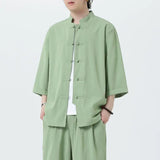 Men Chinese Style Hanfu Shirt 3/4 Sleeve Mens Loose Tops Tang Suit Solid Traditional Kung Fu Shirts Male Chinese Shirts M-5XL - Lootquake