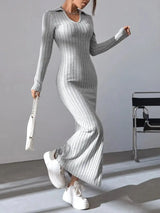 2024 Spring/Summer Knitted Dress Slim Fit Fashion Casual Women's Lapel Long sleeved Dress Concave Stripe Solid Color Long Dress - Lootquake
