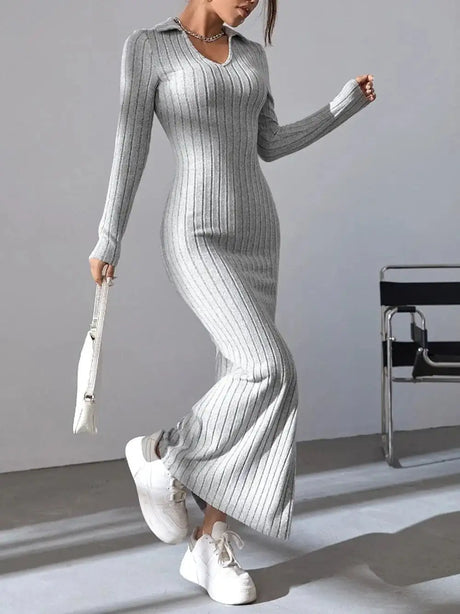 2024 Spring/Summer Knitted Dress Slim Fit Fashion Casual Women's Lapel Long sleeved Dress Concave Stripe Solid Color Long Dress - Lootquake