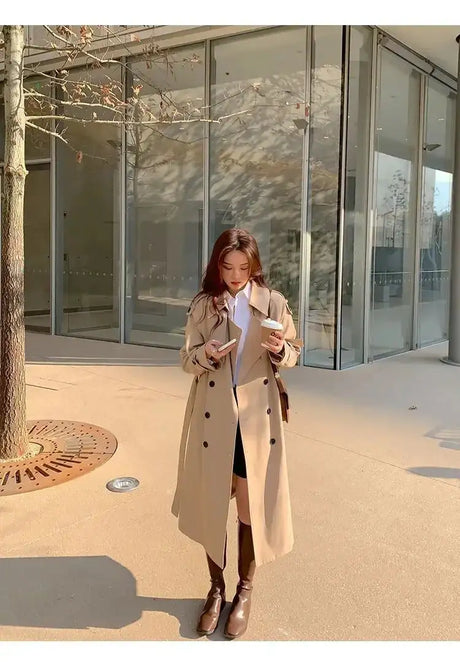 Streetwear Loose Trench Coat Midi Length Fashion Korean Elegant Khaki Black Women's Windbreaker Coat Casual Double Breasted Tops - Lootquake