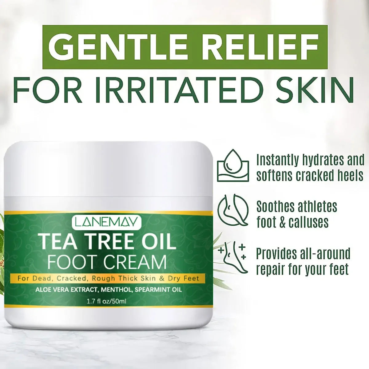 Crema hidratante para pies, para pies y talones secos. Crema calmante para pies secos y agrietados con urea y aceite de árbol de té.