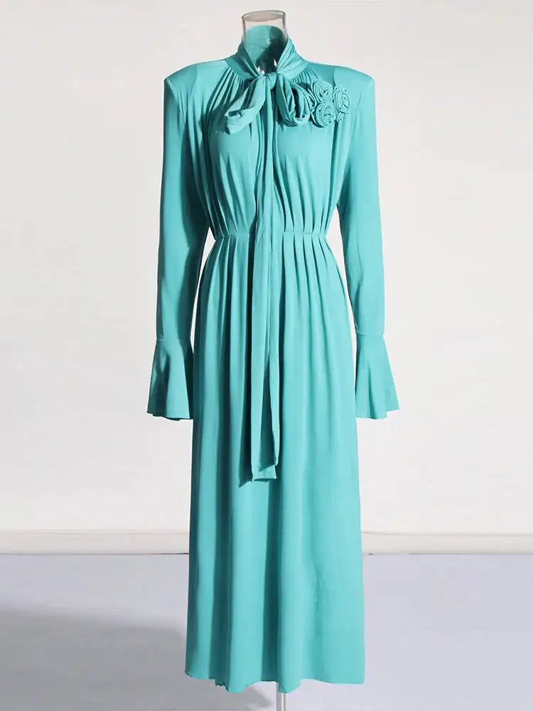 Solid Patchwork Appliques Dresses For Women Half High Collar Flare Sleeve High Waist Elegant Long Dress Female Fashion New - Lootquake