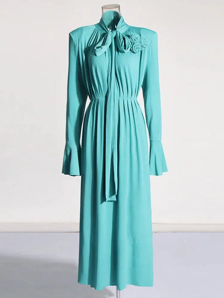 Solid Patchwork Appliques Dresses For Women Half High Collar Flare Sleeve High Waist Elegant Long Dress Female Fashion New - Lootquake