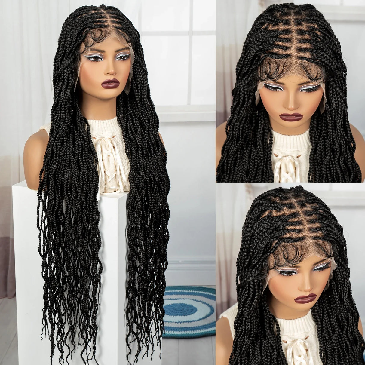 36" Boho Box Braids Wig with Curly Accents | HD Full Lace | Baby Hair