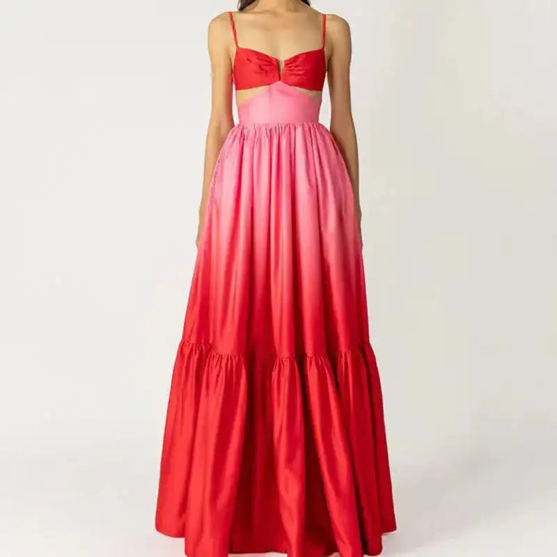 2024 New Spaghetti Strap Gradient Print Long Dress Lady Sexy V-neck Hollow Backless Evening Dress Elegant Sleeveless Slim Dress - Lootquake
